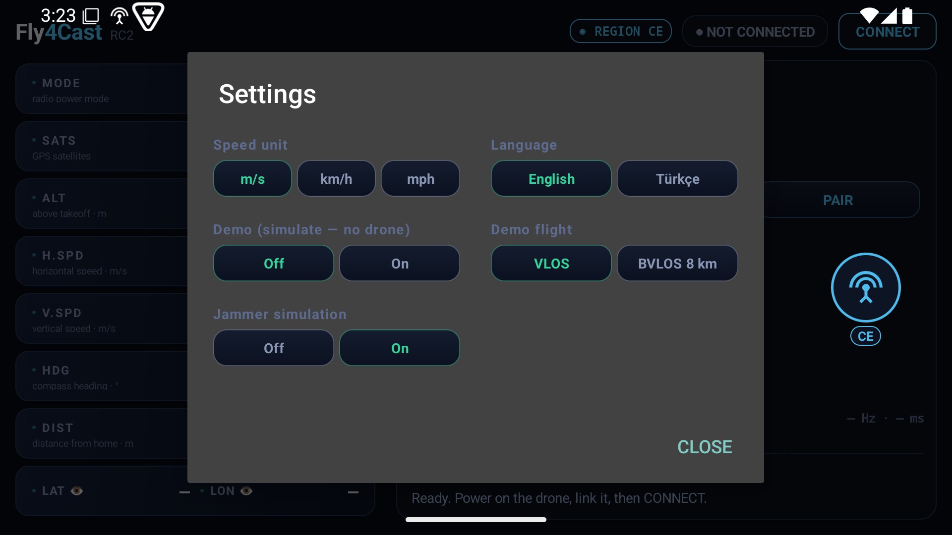 The settings panel — units, language and demo.